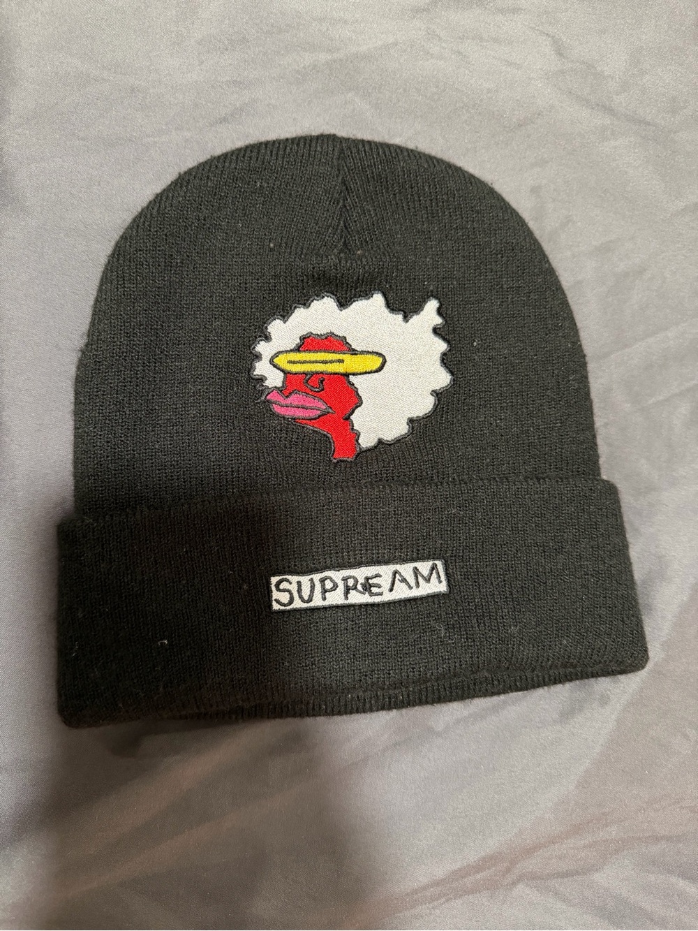 Black Knit Beanie with Colorful Patch